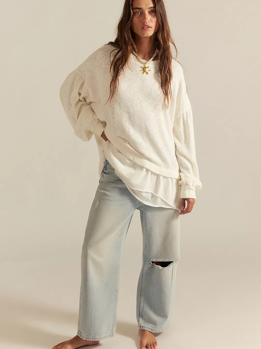 Free People Cream Layered Balloon-Sleeve Sweater - Picture 2 of 3